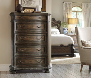 Hooker Furniture Rhapsody Walnut Five-Drawer Chest With Cedar-Lined Bottom, Ornate Acanthus Molding & Distressed Charm 5070-90010