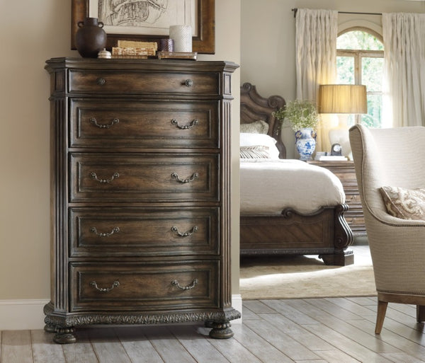 Hooker Furniture Rhapsody Walnut Five-Drawer Chest With Cedar-Lined Bottom, Ornate Acanthus Molding & Distressed Charm 5070-90010