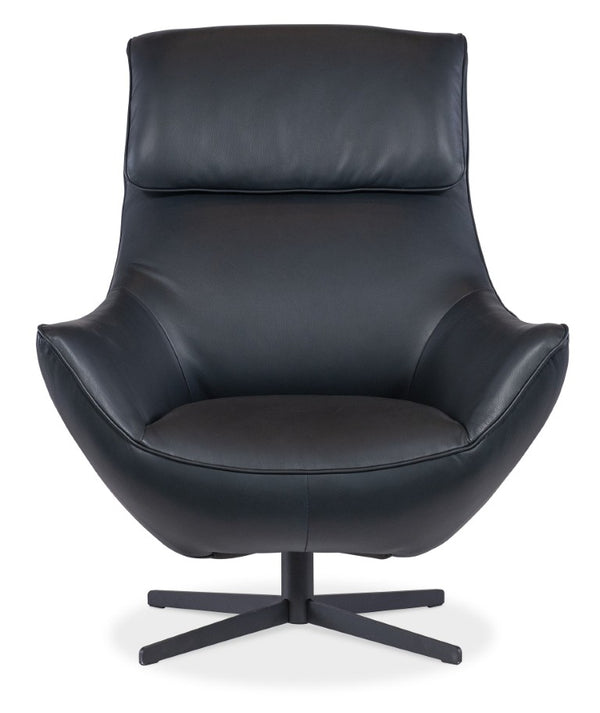 Hooker Furniture Hughes Swivel Chair With Top-Grain Semi-Aniline Leather, Bustle Back, Flared Arms, 360° Metal Base Blue CC733-SW-049