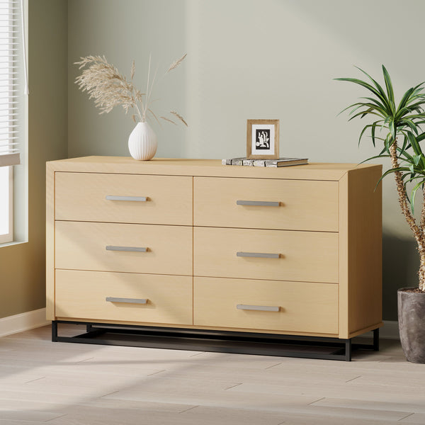 English Elm Christopher Knight Home® - 6 Drawer Chest with Iron Base and Six Spacious Drawers, Contemporary Industrial Design, Durable Construction Natural 60 L x 19.25 W x 10 H 71883.00WALN