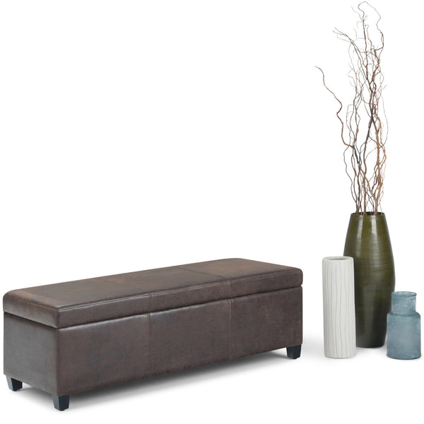English Elm Avalon Storage Ottoman Bench - Stylish Distressed Brown Faux Leather With Hidden Storage & Safety Features B136P158641