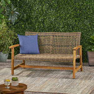English Elm Christopher Knight Home® - HAMPTON Acacia Wood & Wicker Loveseat Natural Grey with Iron Frame, Weather-Resistant, Sturdy Design 60396.00WTC