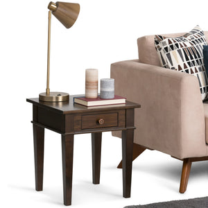 English Elm Carlton End Table – Handcrafted Dark Tobacco Brown With Drawer, Tapered Legs & Versatile Design B136P158133