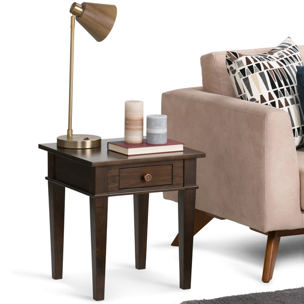 English Elm Carlton End Table – Handcrafted Dark Tobacco Brown With Drawer, Tapered Legs & Versatile Design B136P158133