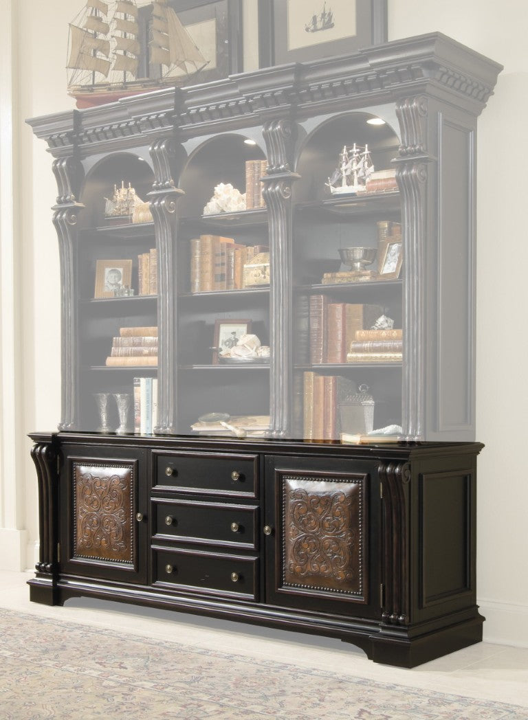 Hooker Furniture Telluride Distressed Black Bookcase Base With Carved Leather Doors, Nailhead Trim & File Drawer 370-10-265