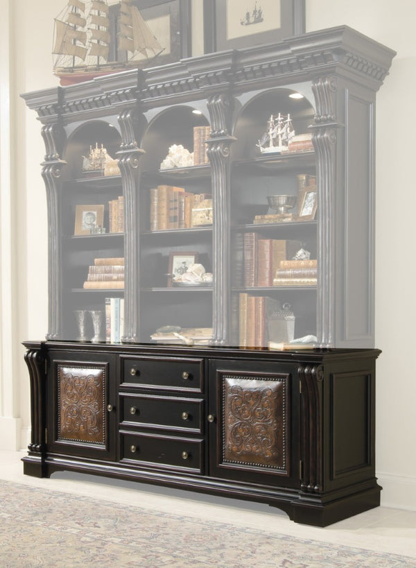 Hooker Furniture Telluride Distressed Black Bookcase Base With Carved Leather Doors, Nailhead Trim & File Drawer 370-10-265