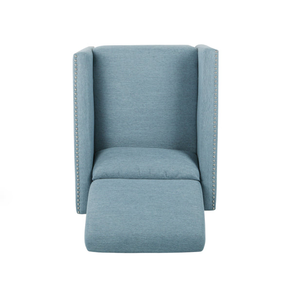 English Elm Christopher Knight Home® - PUSH Light Blue Fabric Push-Back Recliner with Nailhead Accents, Birch Wood Legs, Comfortable Relaxing Seat 65532.00LBLU