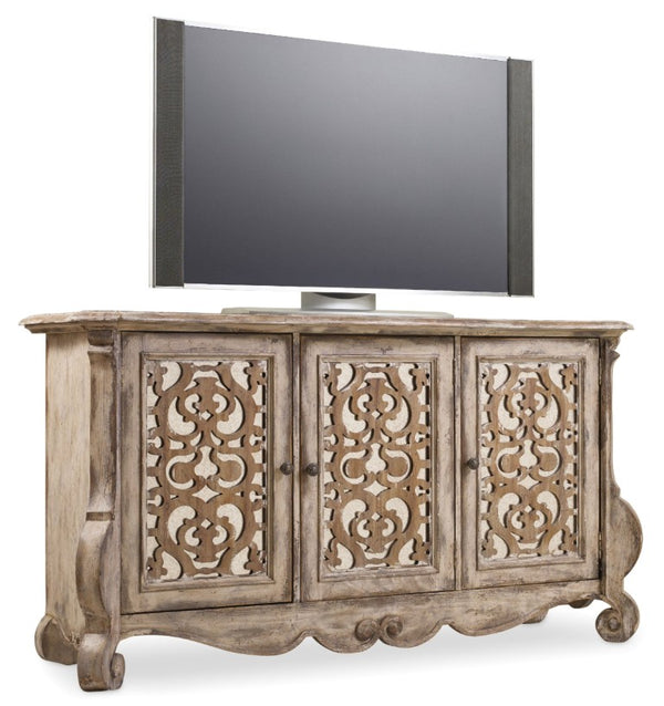Hooker Furniture Chatelet Caramel Froth Entertainment Console With Mirrored Fretwork, Adjustable Shelves, Vintage Charm 5351-55468