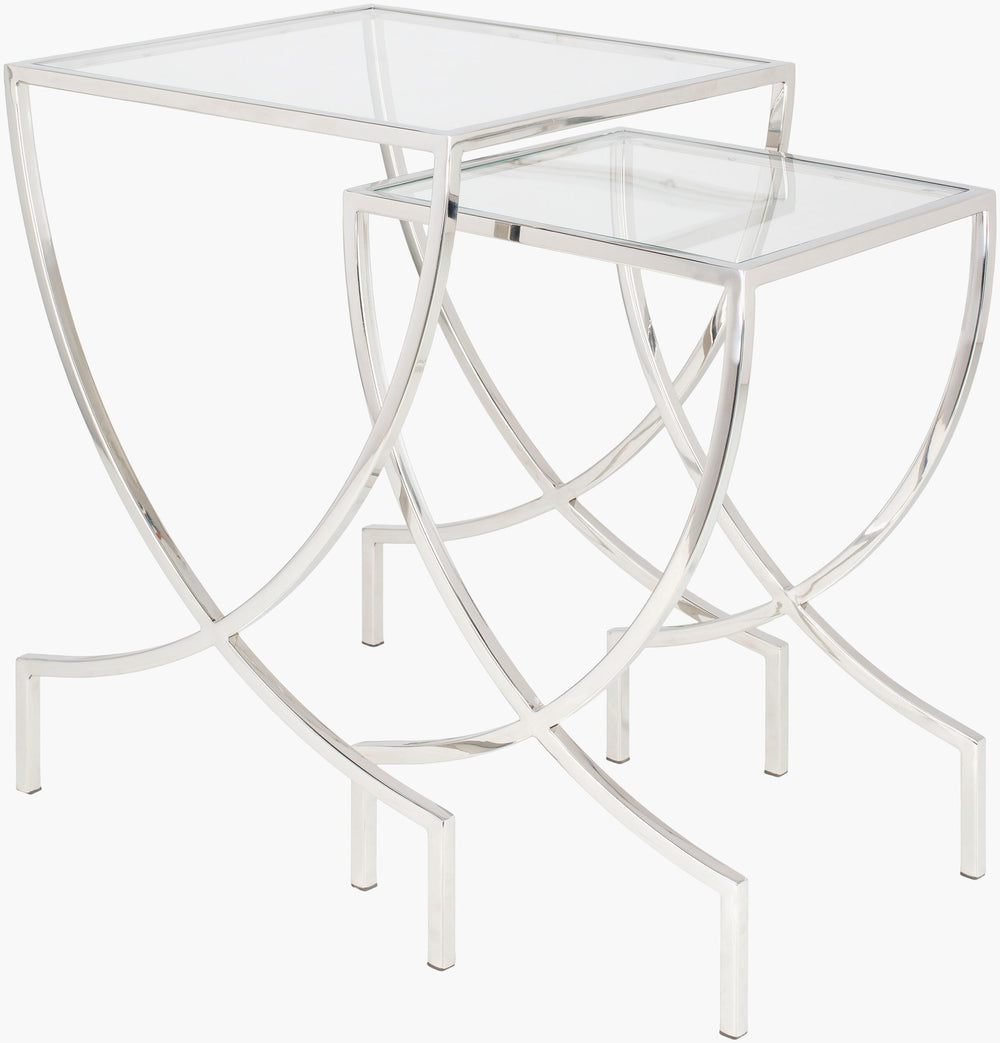 Surya Zareen Elegant Hand-crafted End Table With Glass & Metal Design, Modern Style For Your Home Decor Top, Clear,Base, Metallic ,Nickel Glass,Stainless Steel Zrn002-set