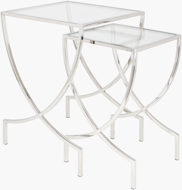 Surya Zareen Elegant Hand-crafted End Table With Glass & Metal Design, Modern Style For Your Home Decor Top, Clear,Base, Metallic ,Nickel Glass,Stainless Steel Zrn002-set