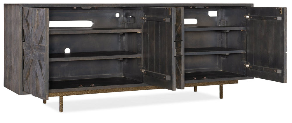 Hooker Furniture Commerce Mango Wood Credenza With Layered Textured Doors, Gold Base & Antique Brass Pulls For Stylish Storage And Media Organizing 7228-85018-89