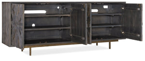 Hooker Furniture Commerce Mango Wood Credenza With Layered Textured Doors, Gold Base & Antique Brass Pulls For Stylish Storage And Media Organizing 7228-85018-89