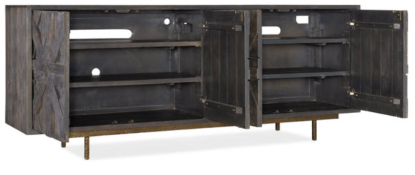 Hooker Furniture Commerce Mango Wood Credenza With Layered Textured Doors, Gold Base & Antique Brass Pulls For Stylish Storage And Media Organizing 7228-85018-89