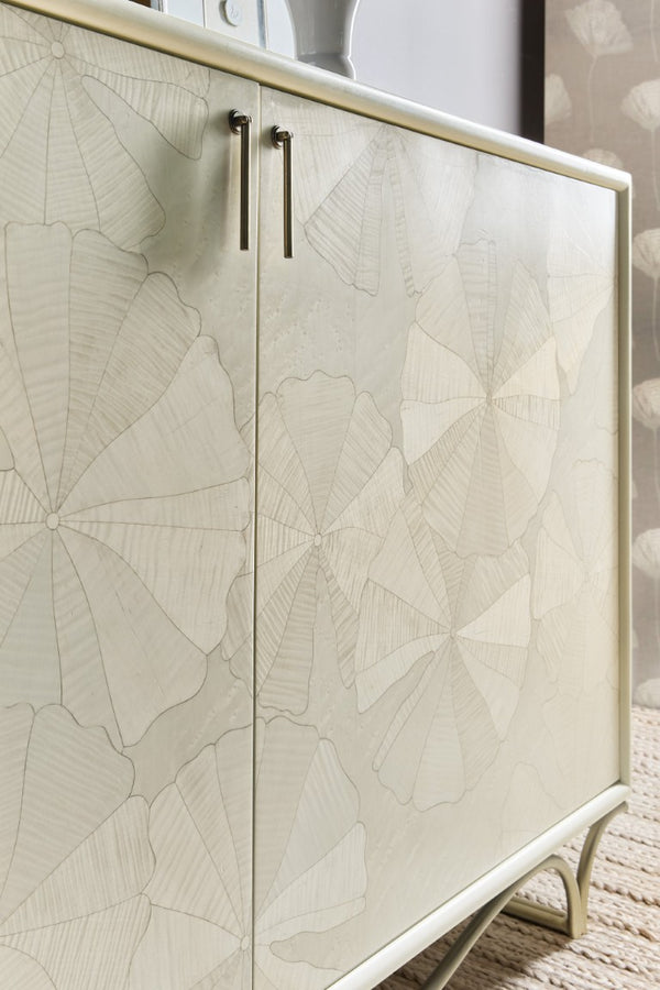 Hooker Furniture Melange White Lotus Hall Chest Artisan-Crafted White Lotus Marquetry, Soft-Close Doors, Gray Leafed Base 628-85723-02