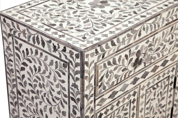 English Elm Steve Silver - Fowler Hand-Carved Accent Cabinet in Pearl Silver and Lilac Gray Bone Inlay, 28"L x 21.25"W x 16"H B081P157253