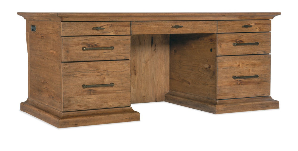 Hooker Furniture Big Sky Executive Desk — Pecky Hickory Rustic Executive Desk With Leather Writing Surface, 7 Drawers, Locks 6700-10562-80