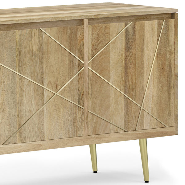 English Elm Jager Mid-Century Sideboard Buffet in Natural Mango Wood with Gold Brass Inlay & Soft-Close Doors B136P158752