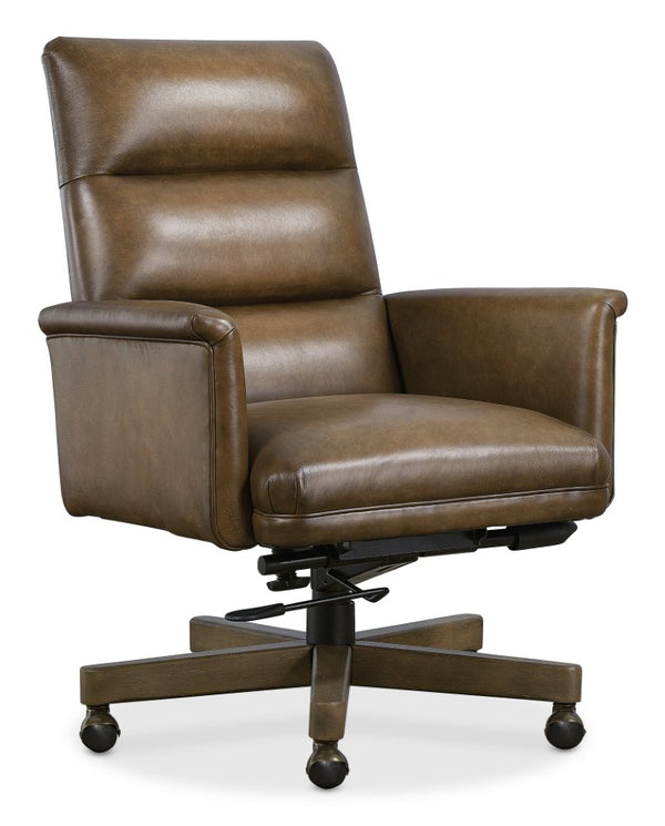 Hooker Furniture Starling Executive Swivel Tilt Chair With Semi-Aniline Top-Grain Leather, Channeled Back & Wood Base Brown EC822-078