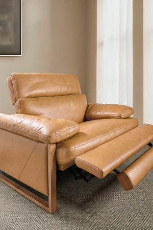 Hooker Furniture Jericho Oversized Power Recliner In Dallas Toffee Leather With Sleigh Wood Sides, Pillow Arms, Motorized Headrest And Hidden Controls 43.20 L x 53.50W x 32.20H SS461-PH1-087