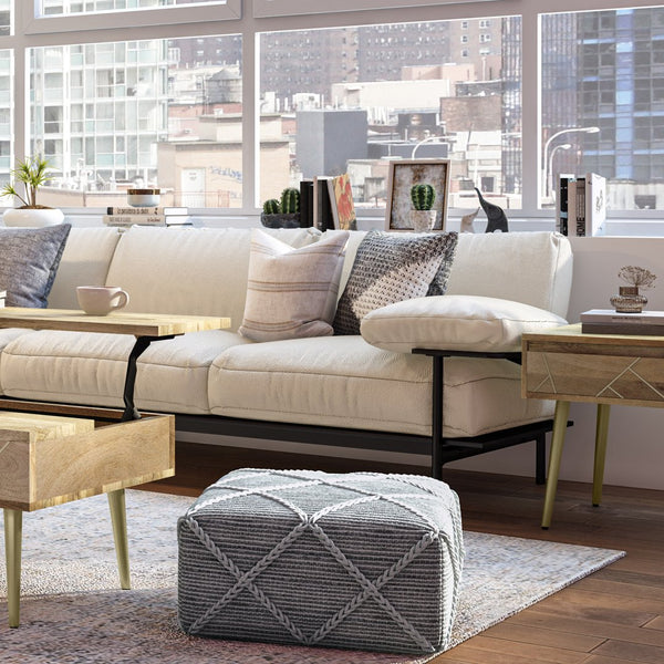 English Elm Cowan Handcrafted Square Pouf in Blue and Natural Woven Wool-Cotton with Diamond Stitching, Supportive Seat (20") Gray B136P159313