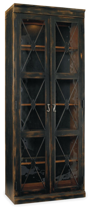 Hooker Furniture Sanctuary Slim Two-Door Display Cabinet In Hand-Rubbed Ebony — Tall Hardwood Curio With Glass Shelves And Vintage Distressed Finish 3005-50001