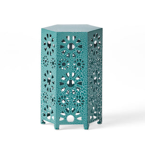English Elm Eliana Wrought Iron Outdoor Side Table Sunburst Cutout Design for Patio and Balcony Teal 60816.00CT