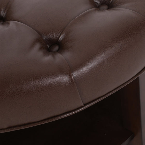English Elm Round Tufted Pu Leather Ottoman with Open Shelf Storage for Living Room Dark Brown 71589.00DBRN