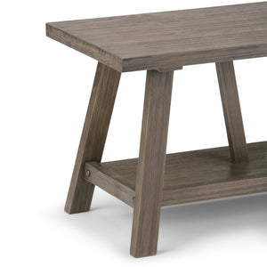English Elm Dylan Driftwood Entryway Bench — Handcrafted Solid Wood, Trestle Support, 2-Seat, Shelf, Modern Industrial Design B136P158142