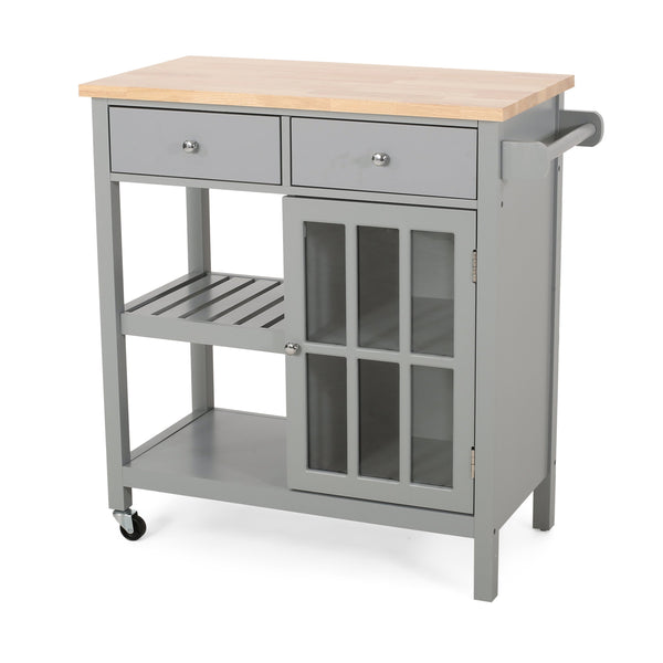 English Elm Christopher Knight Home® - Kitchen Island Cart with Rubberwood Top, Grey Mobile Kitchen Cart on Wheels with Cabinet, Hooks and Drawers 67755.00NATGRY