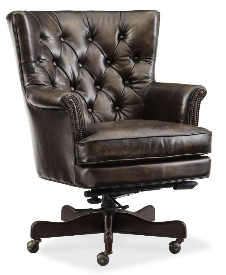 Hooker Furniture Theodore Tufted Leather Executive Swivel Chair With Nailhead Trim, Tilt Function, Natchez Brown Finish Dark Brown EC594-088