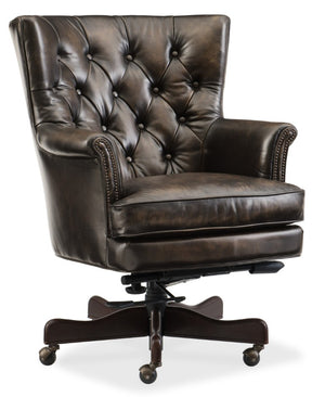 Hooker Furniture Theodore Tufted Leather Executive Swivel Chair With Nailhead Trim, Tilt Function, Natchez Brown Finish Dark Brown EC594-088