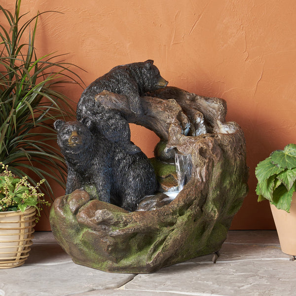 English Elm Christopher Knight Home® - 22.0" Weather-Resistant DATONA Fountain with Bears on Log, Underwater Lights & Pump for Patio Serenity 71778.00LBLK