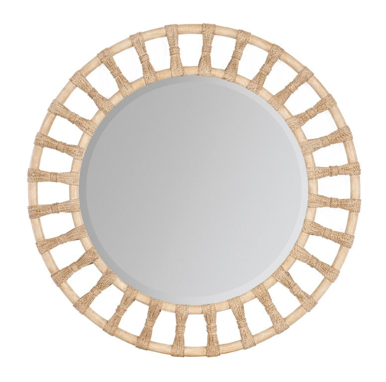 Hooker Furniture Retreat Round Rattan Accent Mirror With Beveled Glass, Rope-Tied Concentric Rings, Coastal Charm Light Wood 6950-90005-80