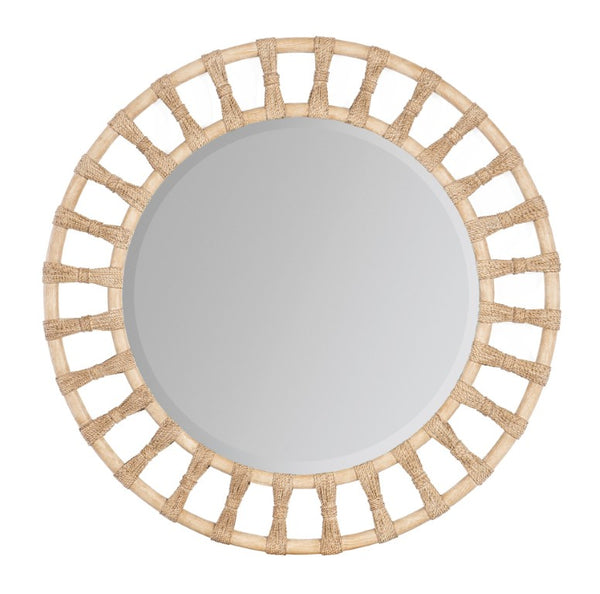 Hooker Furniture Retreat Round Rattan Accent Mirror With Beveled Glass, Rope-Tied Concentric Rings, Coastal Charm Light Wood 6950-90005-80