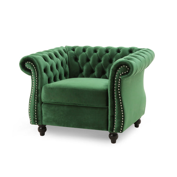 English Elm Christopher Knight Home® - Chesterfield Velvet Club Chair with Birch Wood Legs — Luxurious Textures, Deep Comfort, Elegant Accent Seating Emerald 34.75 L x 34 W x 24.75 H 66583.00