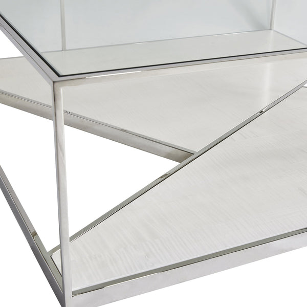 Bernhardt Bernhardt Maymont Cocktail Table — Tempered Glass Top, Polished Stainless Frame, Figured Sycamore Veneer Elegance 313011