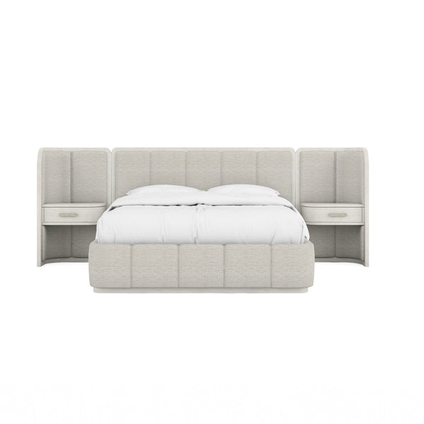 A.R.T. Furniture Ashlar Upholstered Wall Panel Bed With Floating Drawer And Dimmer Light In Coastal Modern Style White, Beige Parawood Solids,Birch Veneers,Foam,Fabric,Metal 333125-2250wn