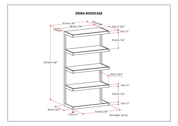 English Elm Erina Solid Acacia Bookcase with Distressed Charcoal Finish, 4 Open Shelves & Industrial Metal Frame Dark Brown B136P158620