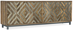 Hooker Furniture Four-Door Mango Wood Entertainment Console With Metal Chevron Inlay, Adjustable Shelves, Fits 80" Tvs 5649-55486-MWD