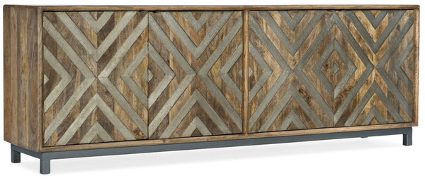 Hooker Furniture Four-Door Mango Wood Entertainment Console With Metal Chevron Inlay, Adjustable Shelves, Fits 80" Tvs 5649-55486-MWD