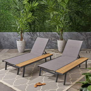 English Elm Christopher Knight Home® - Waterloo Outdoor Chaise Lounge Set Of 2 With Adjustable Recline & Attached Wood Side Table 62756.00BLKMP2