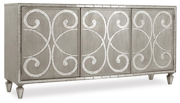 Hooker Furniture Sanctuary Greige Epoque Buffet & Media Console For 75" Tvs — Oak Veneer, Ventilated, Adjustable Storage 5603-75900-LTBR