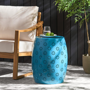 English Elm Soleil Iron Barrel Side Table with Starburst Lattice for Patio Balcony Outdoor Use 61303.00