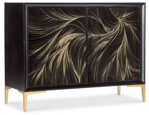 Hooker Furniture Melange Black Willow Hall Chest With Gold Motif On Glass, Maple Veneer, Soft-Close Doors, Slim Legs 628-50206-99