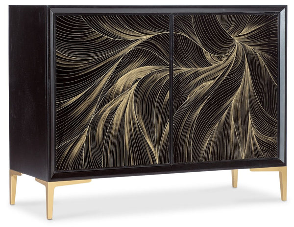 Hooker Furniture Melange Black Willow Hall Chest With Gold Motif On Glass, Maple Veneer, Soft-Close Doors, Slim Legs 628-50206-99