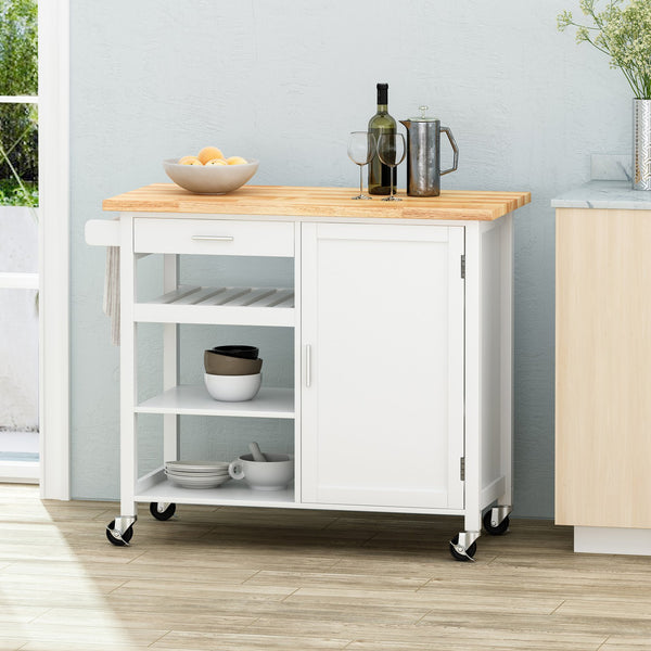 English Elm Christopher Knight Home® - Kitchen Island Cart with Solid Rubberwood Top, 41.75" Mobile Island with Drawer, Cabinet, Shelves & Wheels White 67756.00NATWHT