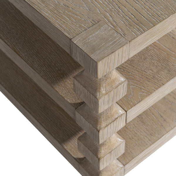 Bernhardt Bernhardt Aventura Side Table In Marcona Oak With Sculptural Cast Resin Posts, Dual Open Shelves (24X28x24) 318121