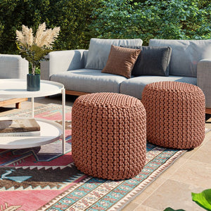 English Elm Wynne Handcrafted Round Knitted Outdoor/Indoor Pouf in Orange – Recycled PET, Water & UV Resistant, Supportive Seating 18" B136P159030