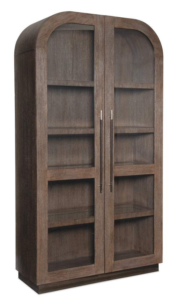 Hooker Furniture Modern Mood Display Cabinet With Integrated Lighting, Quartered Oak Veneer, Leather Pulls, Soft-Close Doors Medium Brown 6850-75906-89