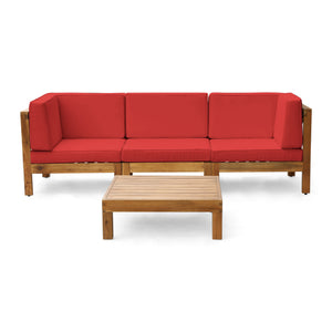 Noble House Oana Outdoor Modular Acacia Wood Sofa and Table Set with Cushions, Teak and Red